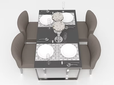 Modern Dining Table Set with Four Gray Chairs White Plates Glasses Vase on Black Tabletop 3d model