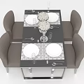 Modern Dining Table Set with Four Gray Chairs White Plates Glasses Vase on Black Tabletop