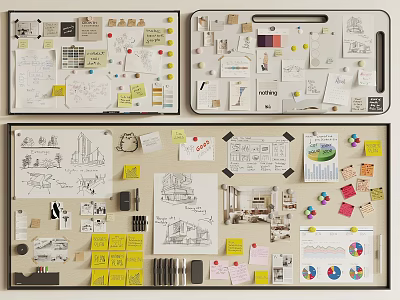 Corkboard Wall Decor With Notes Sketches And Pins 3d model