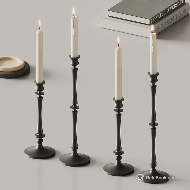 Modern Black Candle Holders With White Candles Decorative Dish And Books 3d model 