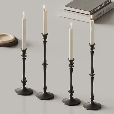 Modern Black Candle Holders With White Candles Decorative Dish And Books 3d model