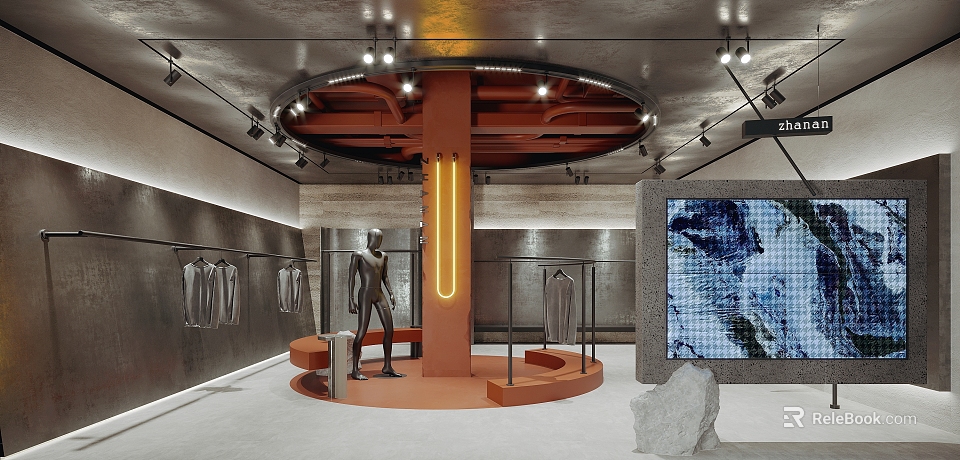 Modern Clothing Store Interior With Circular Platform Mannequin Hanging Clothes And Lighting 3d model 
