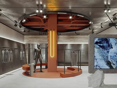 Modern Clothing Store Interior With Circular Platform Mannequin Hanging Clothes And Lighting 3d model