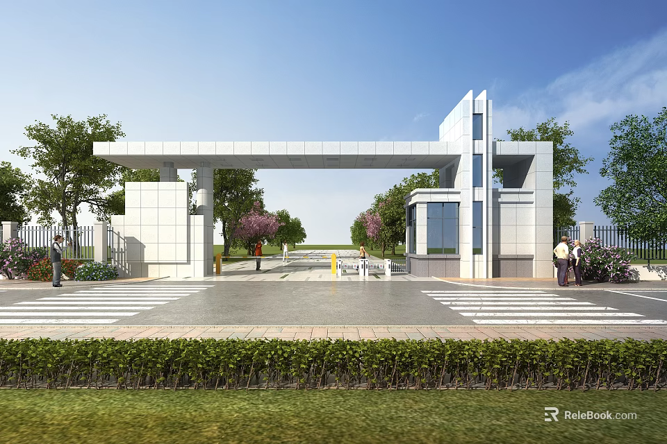 Modern Entrance Gate Design With Trees Bushes And Pedestrians On Road 3d model 