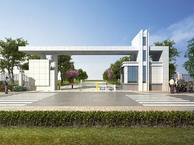 Modern Entrance Gate Design With Trees Bushes And Pedestrians On Road 3d model