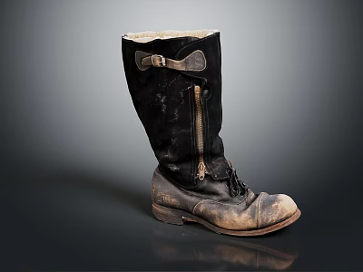 Black Leather Worn Tall Boots With Zipper And Buckle Strap Design 3d model
