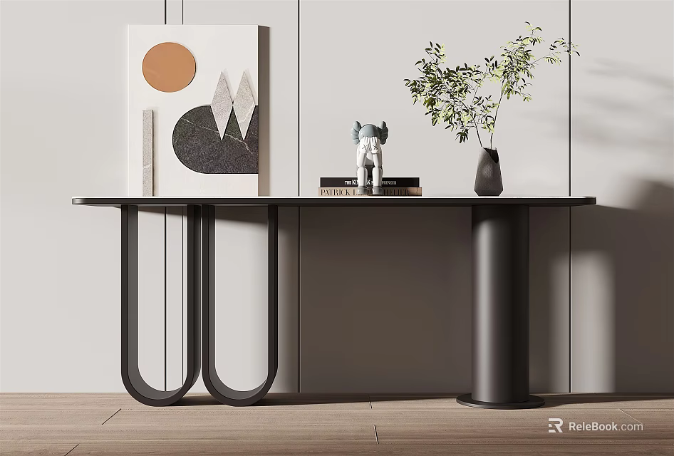 Modern Black Console Table With Artwork Vase Greenery And Decorative Items 3d model 