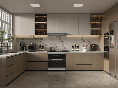 Modern Kitchen Interior With Gray Wood Cabinets Marble Countertop And Appliances 3d model