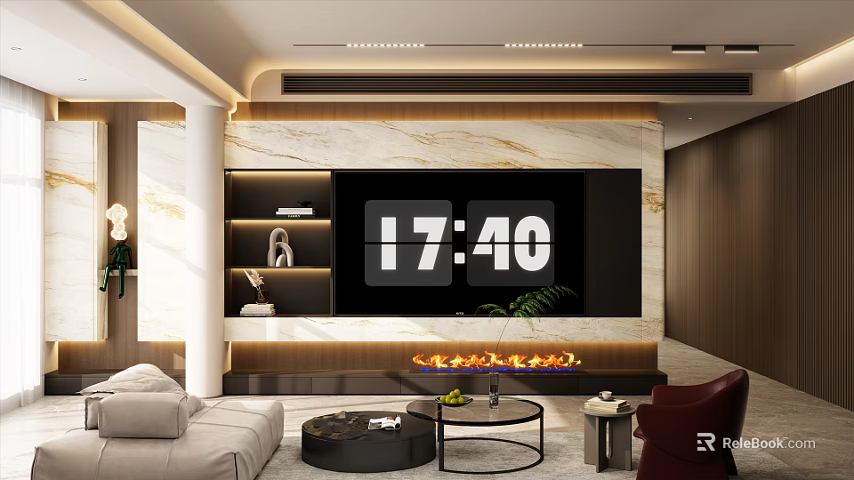 Elegant Modern Foyer Hallway Design With Marble Wall Fireplace And Warm Lighting 3d model 
