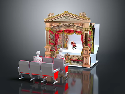 Ornate Miniature Theater Stage With Red Curtains Audience Seats And Performer 3d model