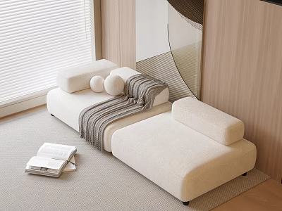 White Two Seater Sofa with Striped Blanket Round Pillows by Wooden Wall Blinds and Books 3d model