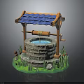 Traditional Scenic Stone Well with Blue Tile Roof Wooden Pulley Green Grass and Small Mushrooms