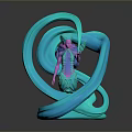 Purple Pink Humanoid Character With Teal Bioluminescent Creature And Curved Tentacle Like Structures