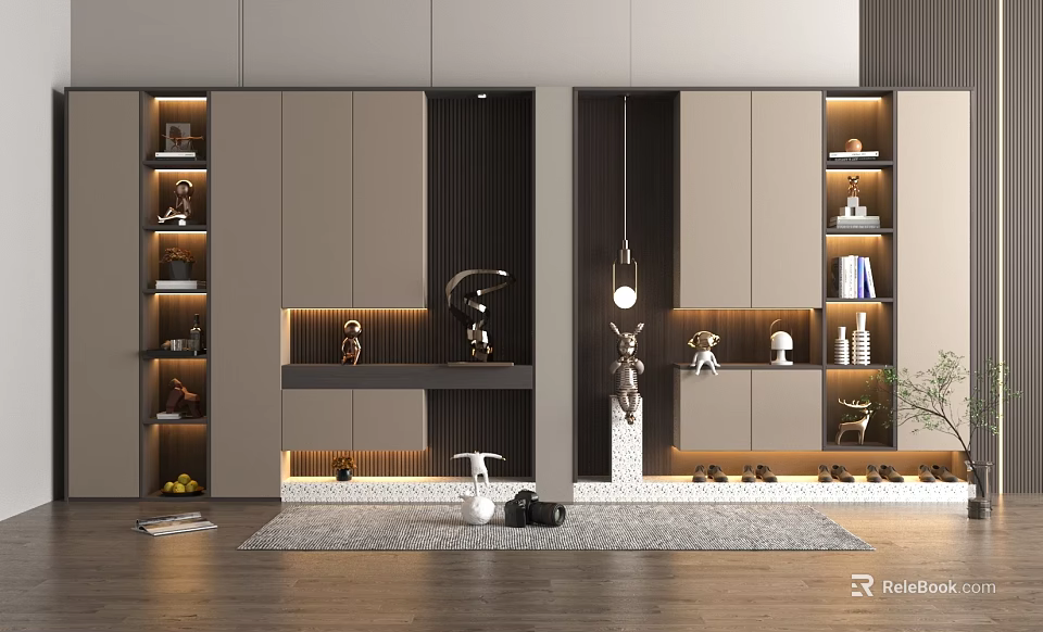 Modern Entryway Interior With Stylish Storage Cabinets Lighting Decorations And Shoe Storage 3d model 