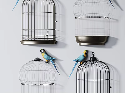 Modern Birdcage Wall Decor With Black Silver Cages And Colorful Parrots 3d model