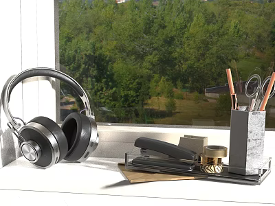 Black Headphones On Windowsill With Stationery Items And Green Trees View 3d model