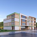 Modern Kindergarten School Building Exterior Design With Colorful Facade Green Accents And Large Windows