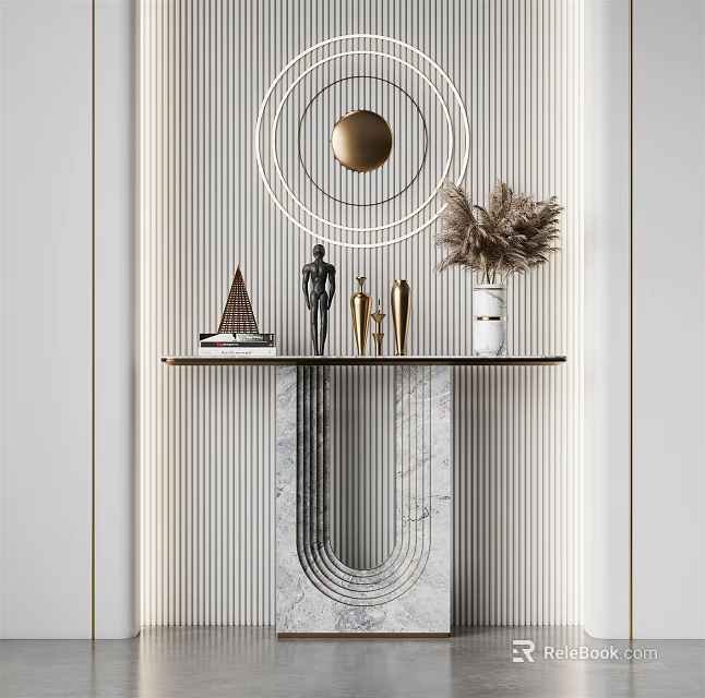 Elegant Modern Console Table With Marble Base Metal Figurines Pampas Grass And Circular Decor 3d model 
