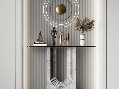 Elegant Modern Console Table With Marble Base Metal Figurines Pampas Grass And Circular Decor 3d model