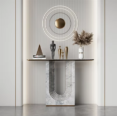 Elegant Modern Console Table With Marble Base Metal Figurines Pampas Grass And Circular Decor 3d model