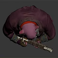 Pink Plump Creature In Purple Coat Red Shirt With Long Beard Rifle And Red Bag