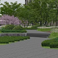 Residential Landscape With High Rise Buildings Lush Green Trees Stone Pathway Grass And Water Fountain