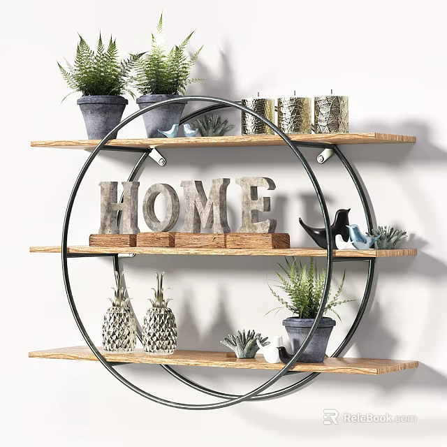 Circular Wooden Shelf With Metal Frame HOME Letter Green Plants Bird Figurines Pineapple Decor 3d model 
