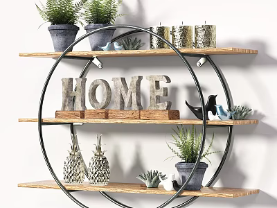 Circular Wooden Shelf With Metal Frame HOME Letter Green Plants Bird Figurines Pineapple Decor 3d model