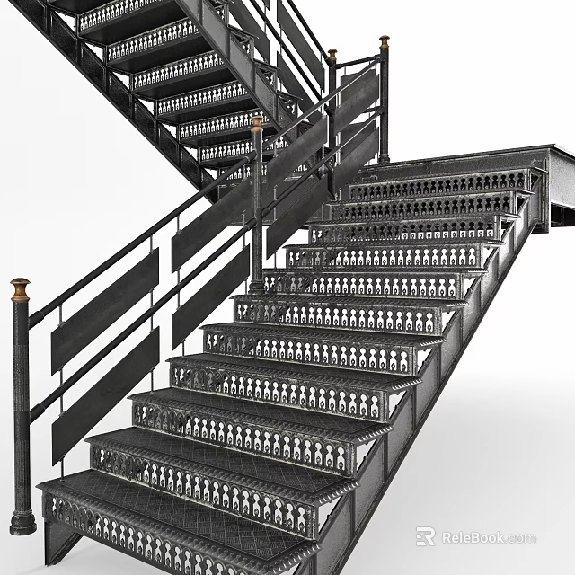Modern Industrial Metal Staircase With Black Railings And Grid Design Steps 3d model 