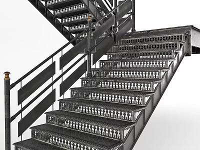 Modern Industrial Metal Staircase With Black Railings And Grid Design Steps 3d model