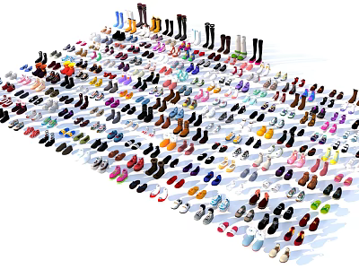 Large Array of Colorful Shoes with Various Styles Arranged in Fan Shape 3d model