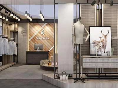 Modern Clothing Store Interior With Mannequins Clothing Displays And Decorative Items 3d model
