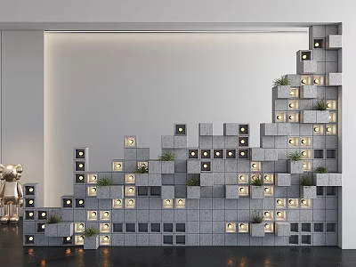 Modern Outdoor Lights With Geometric Modular Wall And Green Plants For Decor 3d model