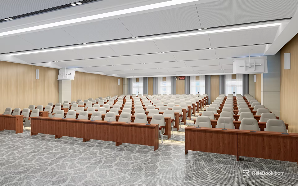 Modern School Auditorium Interior With Rows Of Seats And Lights 3d model