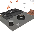 Modern Black L Shaped Sofa Set With Orange Armchair Round Coffee Table And Floor Lamp
