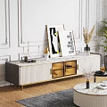 Modern White and Gold TV Stand with Wall Art and Decorative Items