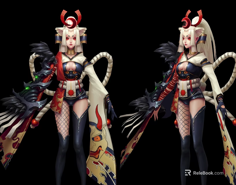 Mythical Game and Movie Female Character With Horns Tails and Kimono Style Outfit 3d model 