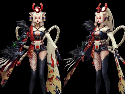 Mythical Game and Movie Female Character With Horns Tails and Kimono Style Outfit 3d model
