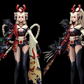 Mythical Game and Movie Female Character With Horns Tails and Kimono Style Outfit