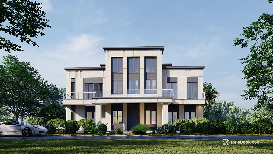 Modern Detached Villa Exterior Design Featuring Two Story Structure And Large Windows 3d model 