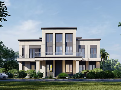 Modern Detached Villa Exterior Design Featuring Two Story Structure And Large Windows 3d model
