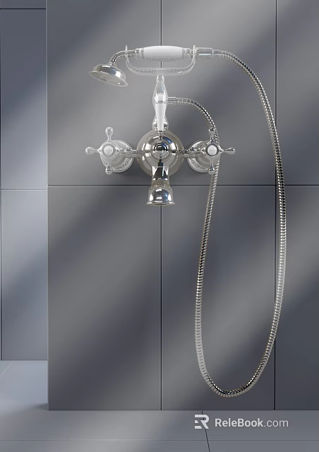 Vintage Chrome Bathroom Faucet With Dual Handles And Shower Hose 3d model 