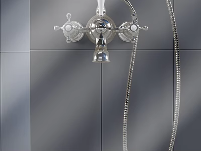 Vintage Chrome Bathroom Faucet With Dual Handles And Shower Hose 3d model
