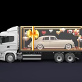 Functional Truck with Transparent Container Carrying Vintage Car Gift Boxes Balloons and Bow Decorations