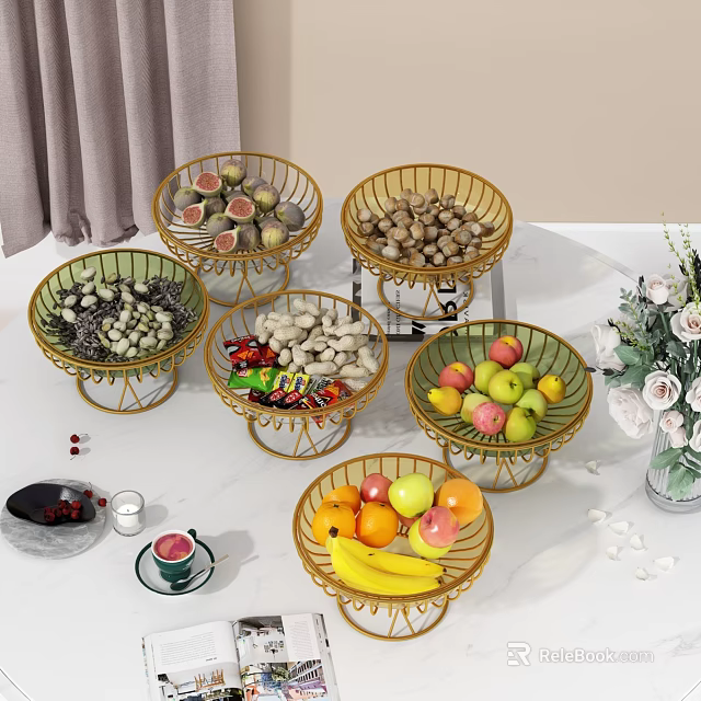 Golden Wire Baskets with Mixed Fruits Apples Bananas Oranges Nuts and Candies on Table 3d model 