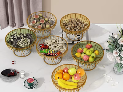 Golden Wire Baskets with Mixed Fruits Apples Bananas Oranges Nuts and Candies on Table 3d model