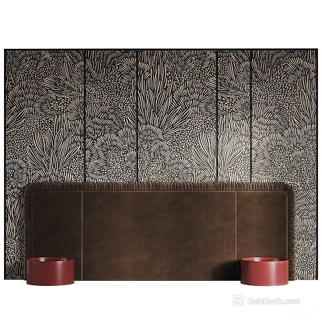 Modern Bedroom Accent Wall With Brown Headboard And Botanical Pattern Wallpaper 3d model 