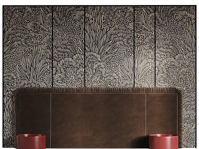 Modern Bedroom Accent Wall With Brown Headboard And Botanical Pattern Wallpaper 3d model