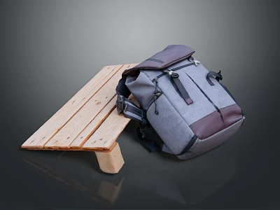 Stylish Gray And Brown Fabric Leather Backpack On Wooden Bench With Modern Design 3d model