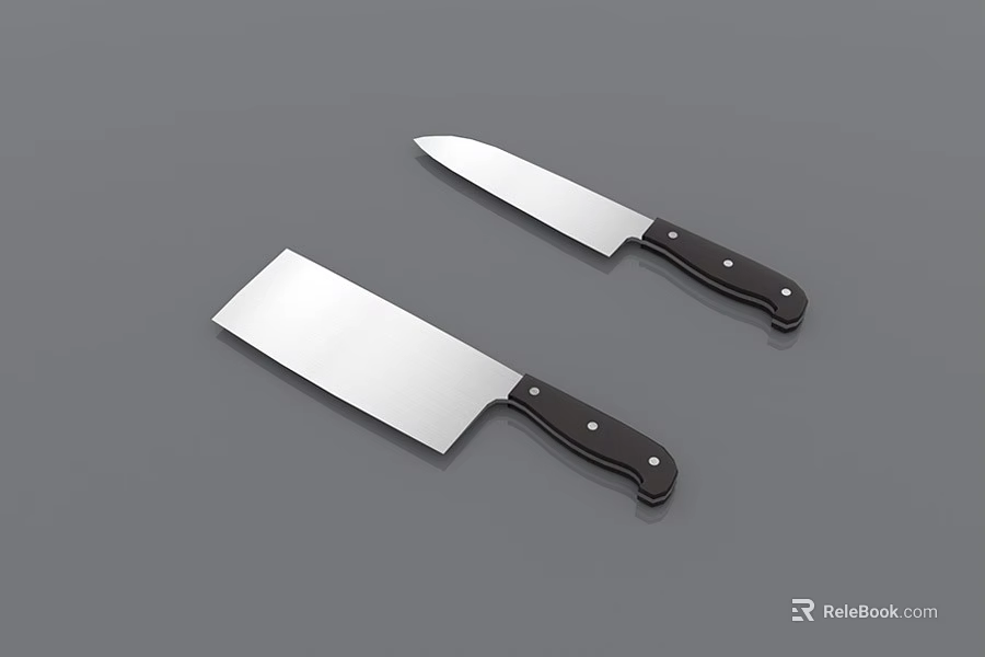 Kitchen Knives Including Cleaver And Chef Knife With Black Riveted Handles On Grey Background 3d model 